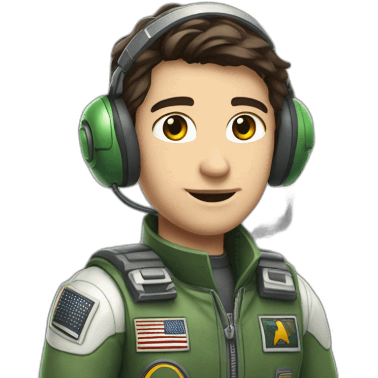 A young white male tennager with dark brown hair and brown eyes in a pilot suit and wearing a green Pilot headset emoji