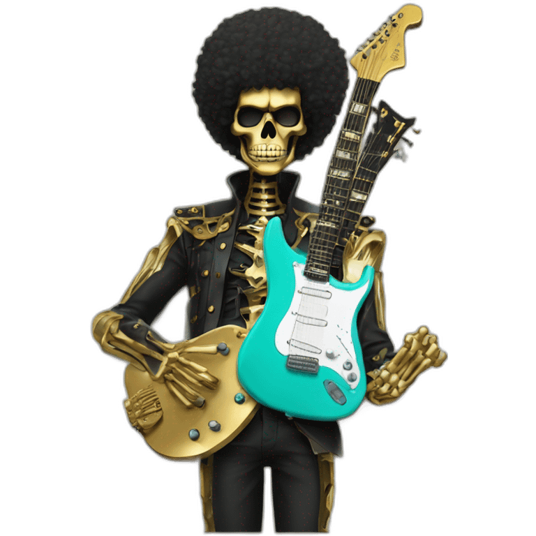 Soolking brook ;black affro cut ;turquoise electric guitar;golden crown ;skeletal face emoji