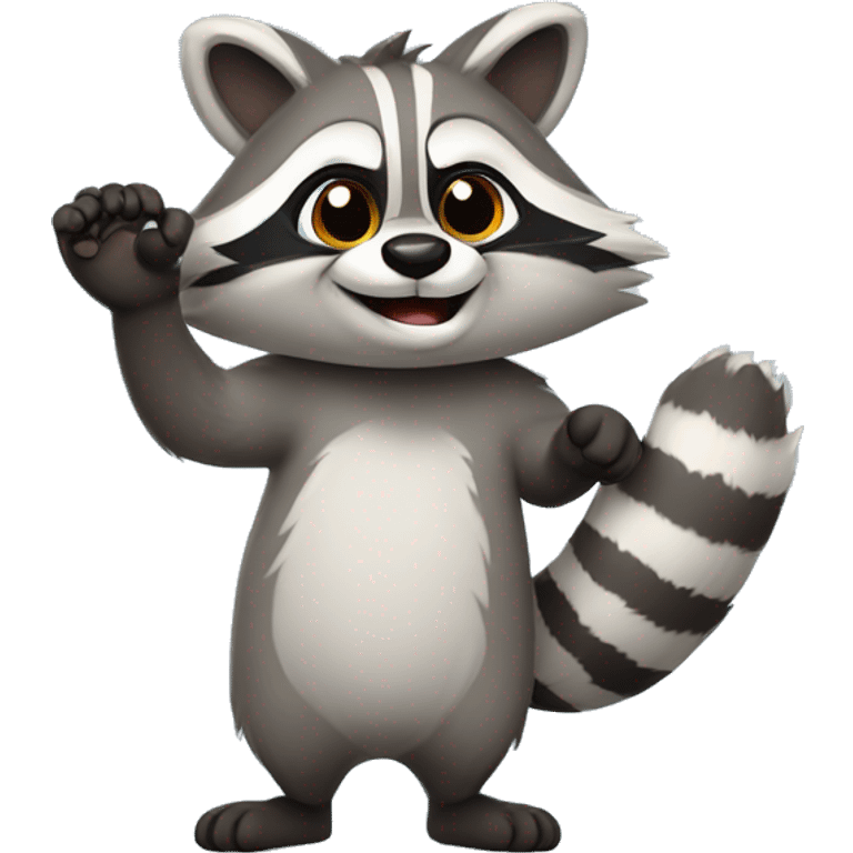 A cute fluffy raccoon waves his paw and greets emoji