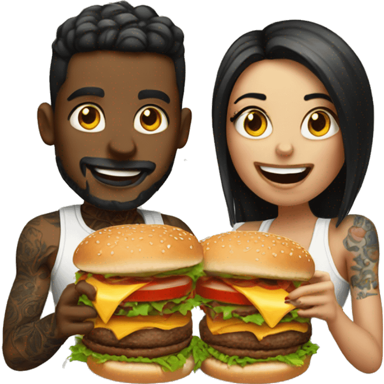 Beautiful tattooed couple eating burgers emoji