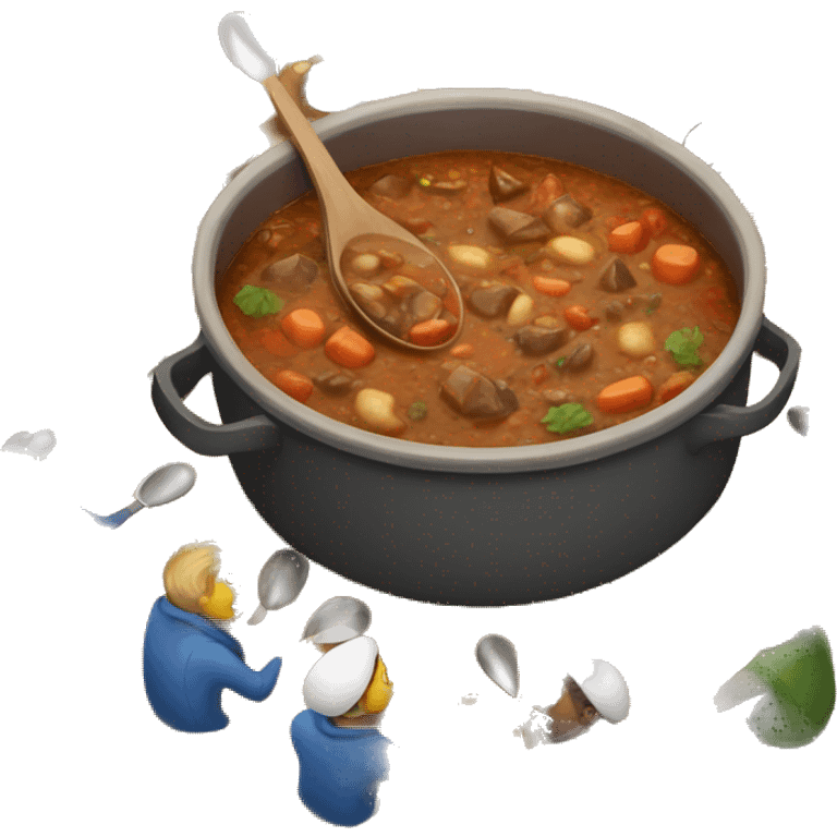 pot of stew on table with people holding long spoons surrounding said table emoji