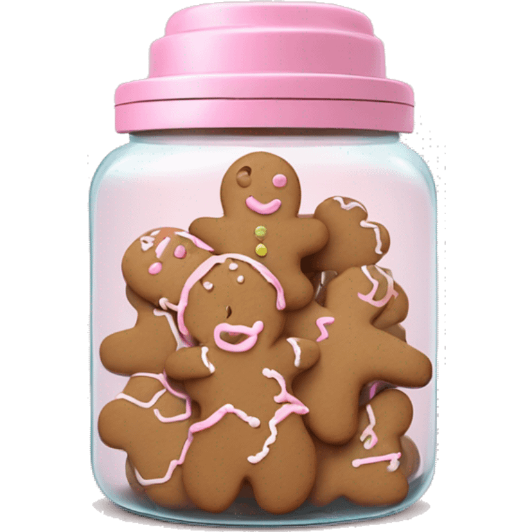 Realistic glass cookie jar with light pink lid full of gingerbread cookies isolated.  emoji