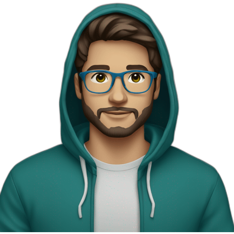 guy 26y.o., white transparent glasses, with a little beard, dark brown hair, dark green eyes in blue hoody emoji