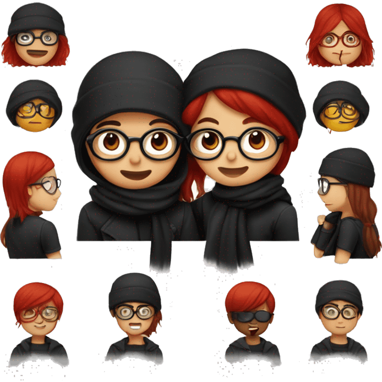 one boy and one girl kissing each other. the girl got black gradient red tainted hair, circular glasses, the boy got brown mi-long hair, both got black beannie, they also wearing full black clothes, but the boy is wearing costume jacket emoji