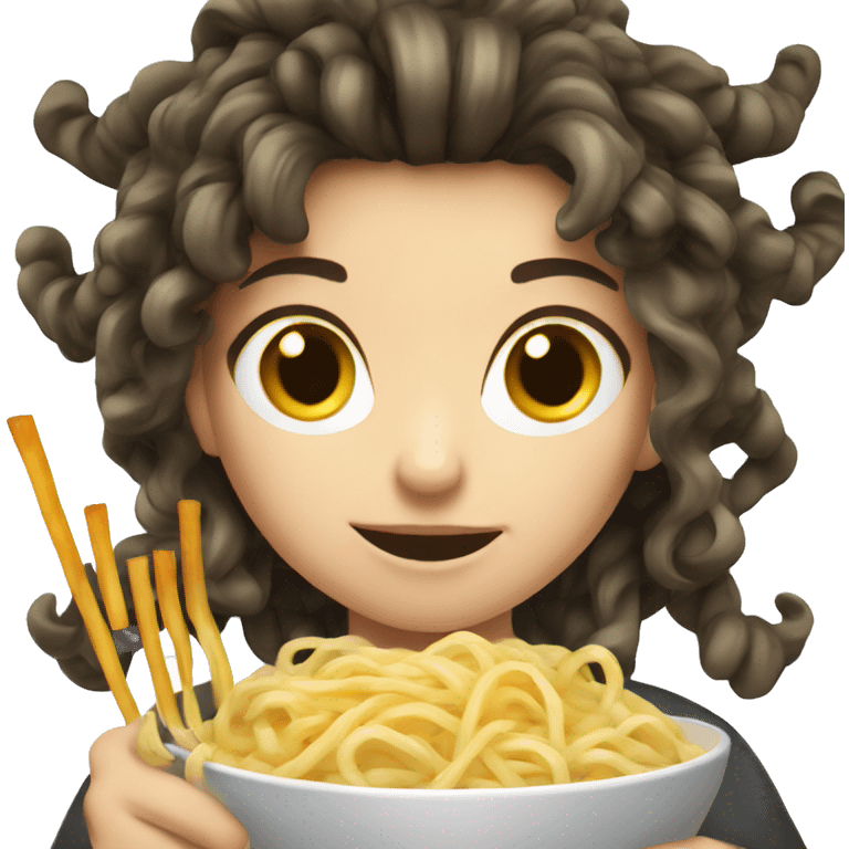 Caucasian girl with dark spiky hair eating noodles emoji