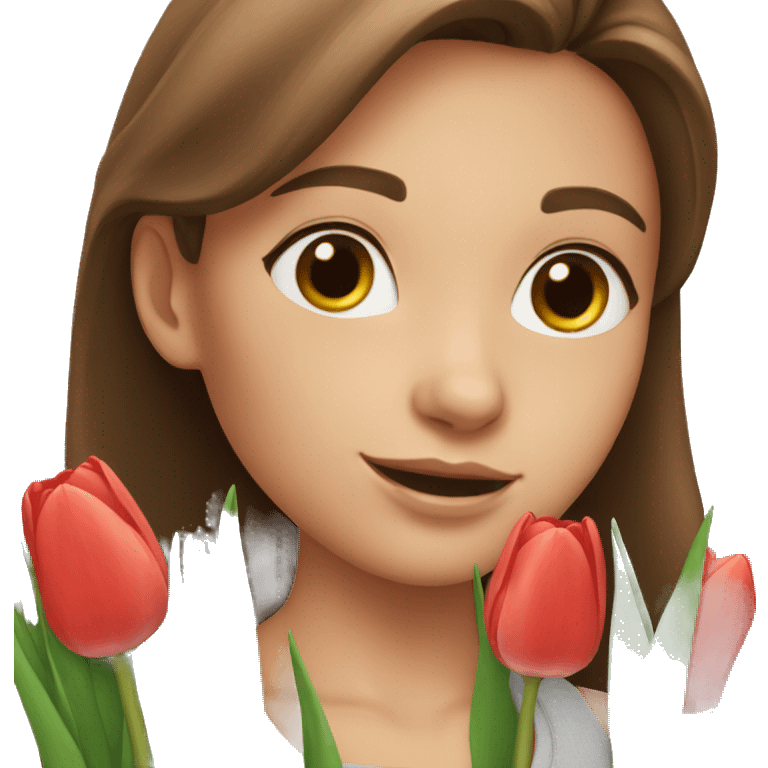 Girl with brown hair take a tulips emoji