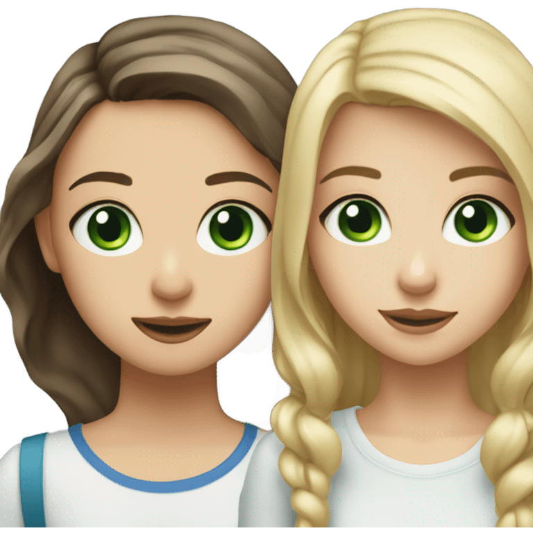 A brunette girl with green eyes making en cute picture with a blond girl with blue eyes and braces emoji