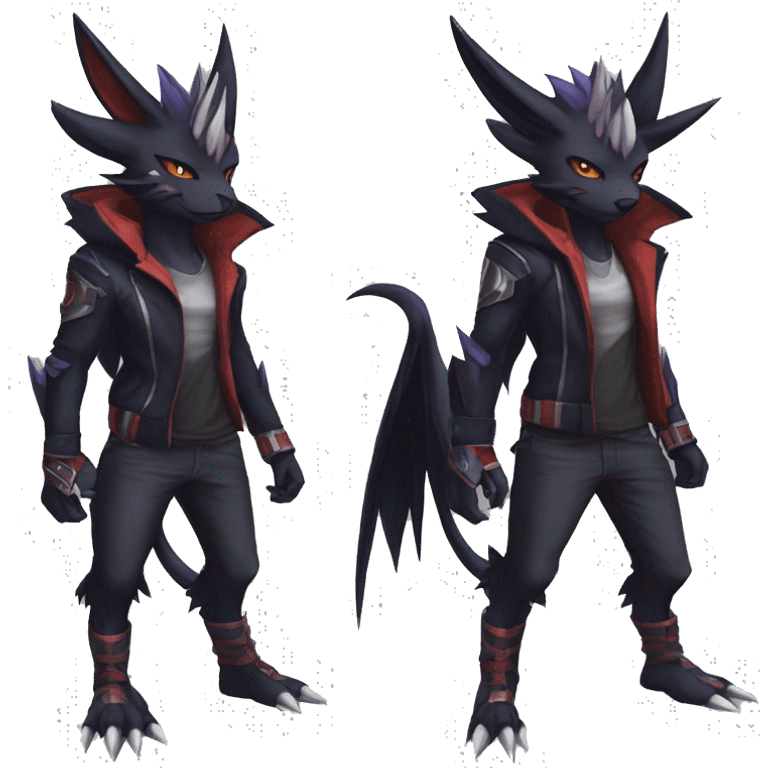 Cool Anthro Black Noivern-Absol-Litten-Pokémon with edgy stripes hoodie spiked collar punk Full Body emoji