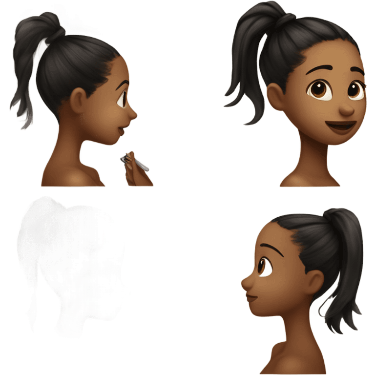 Side profile of a drying on paper of a girl in stick man style with hyper pigmentation on her cheek and a black, turning white ponytail ￼ emoji