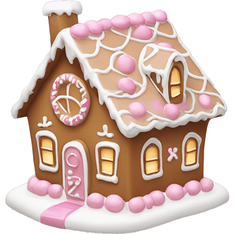 Cute light brown gingerbread house with white icing and light pink accents emoji