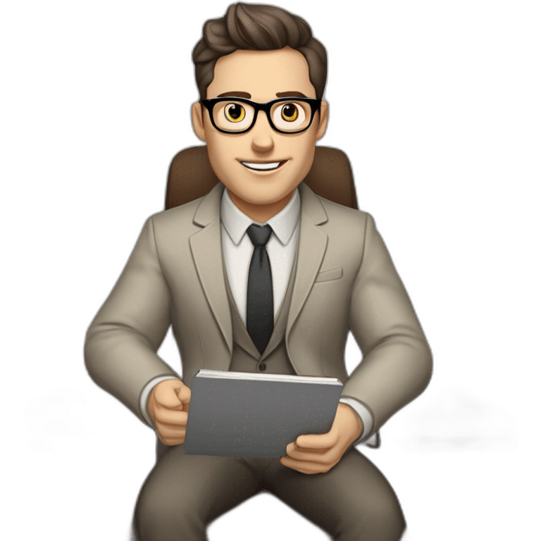 Pale skinned Fit Man With dark brown hair in gray jacket, beige office shirt, Brown pants and vintage glasses sitting In a soft chair with a notebook with emblem Ψ and a pen in his hands emoji