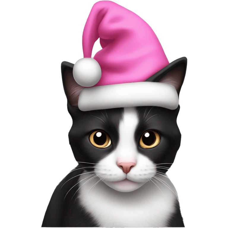 cute little black and white tuxedo cat wearing a pink and white santa claus hat emoji