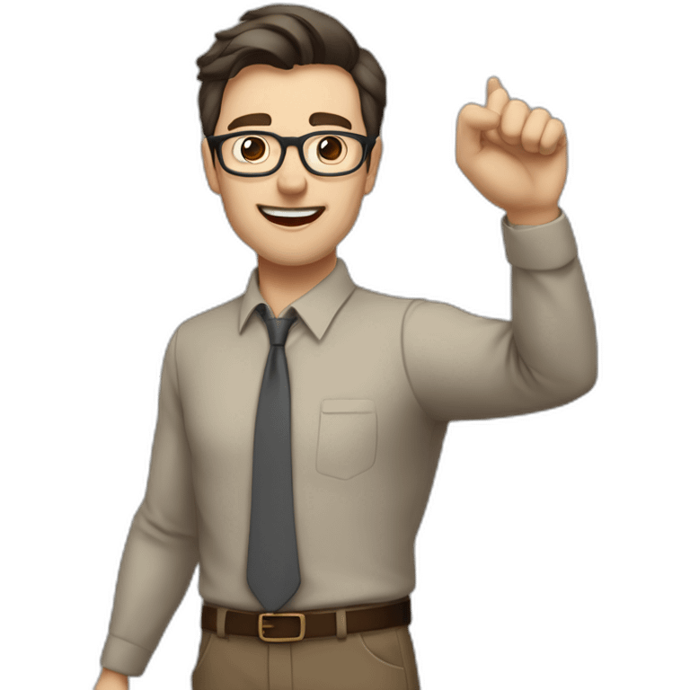 To belt Actively gesturing with hands Pale skinned fit man teacher with dark brown hair in gray jacket, beige office shirt, brown tie, brown pants and vintage glasses. emoji