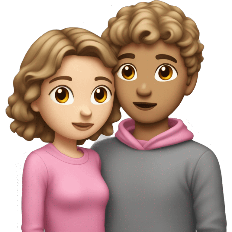 brown hair girl in pink sweather kissing boy with dark blonde hair with middle part in grey sweather  emoji