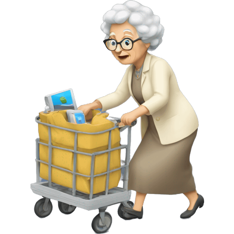 Granny pushing a cart full of hight tech devices emoji