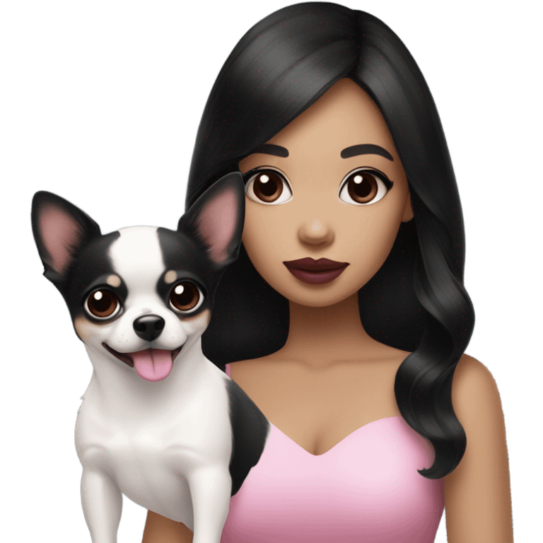 Thick medium black hair with black eyes and pink lip and pink cheek Filipino lady with black and white Chihuahua  emoji