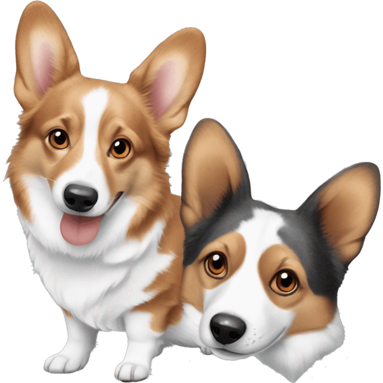 One red headed tri corgi, and blue Merle corgi  with blue eyes emoji