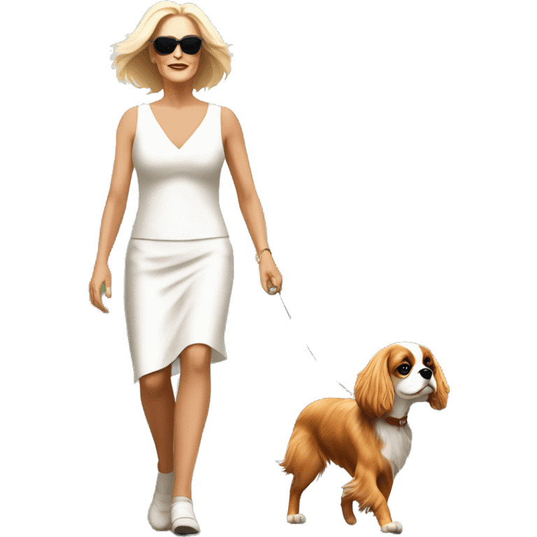 Sharon stone, basic instinct walking with cavalier King Charles spaniel  emoji