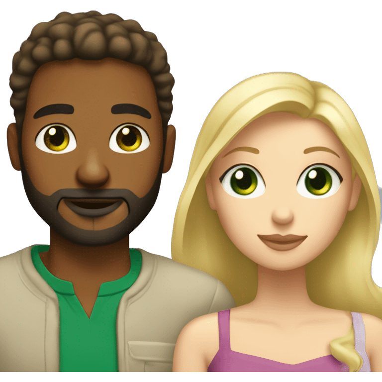 Man brown skin beard kissing woman white skin green eyes blonde hair emoji