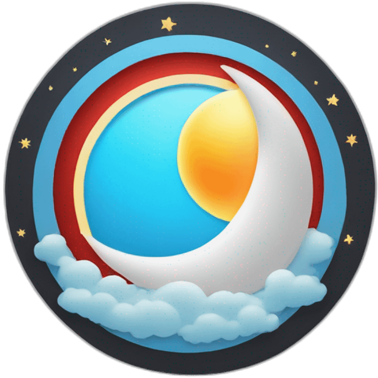 School logo, sun shape on the outside, inside red circle with 12 white stars that go around, inside light blue filling with text in black love wisdom and understanding, beneath half a moon emoji