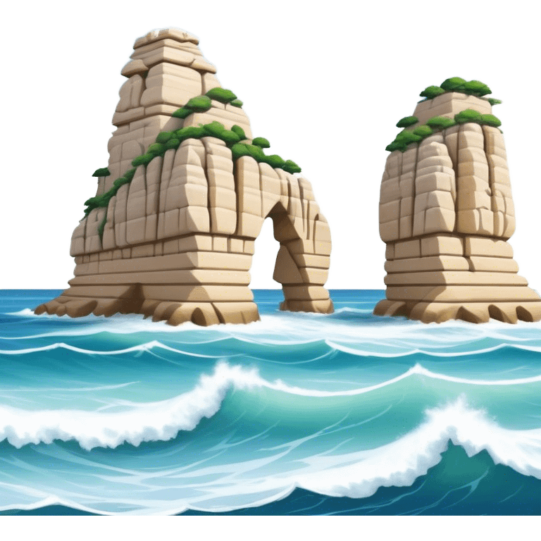 Cinematic Realistic Raouche Rocks, Beirut Landmark Emoji, depicting the majestic limestone rock formations rising from the Mediterranean Sea, with waves crashing against their bases under a vibrant sky. emoji