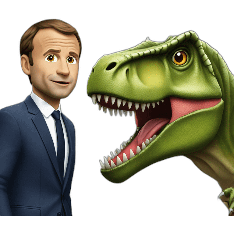 Macron qui est sur un T-Rex emoji