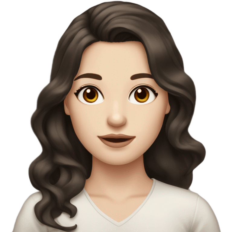 A beautiful woman with pale skin and dark brown eyes, dark brown wavy long hair with side-part bangs, and soft makeup. emoji