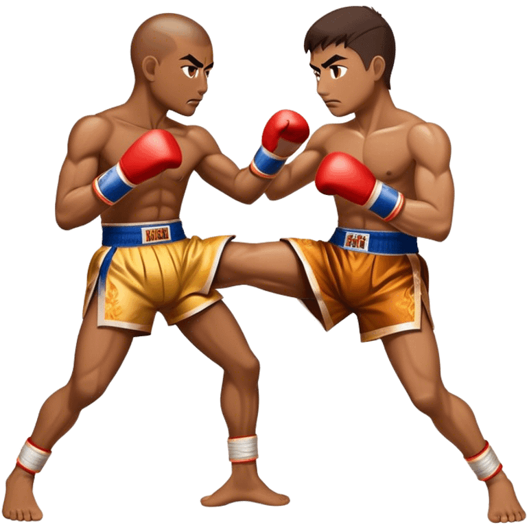 Cinematic Realistic Traditional Muay Thai Emoji, depicted as an intense dynamic martial arts scene featuring a fighter in traditional Muay Thai stance and attire, rendered with rich textures and energetic dramatic lighting that captures the sport's raw power. emoji