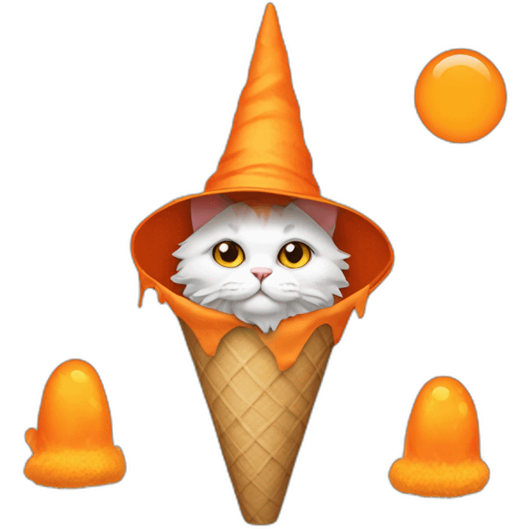 White-orange fluffy cat in cone witch hat emoji