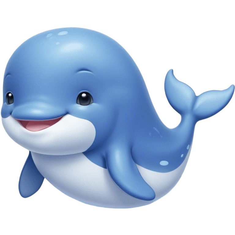 Cinematic happy baby whale, chubby rounded body, tiny smiling face, soft pastel blue hues, gentle glowing waves around, joyful and soothing. emoji