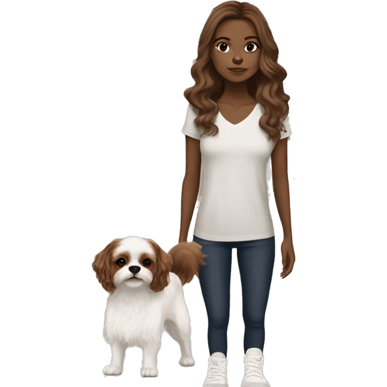 young woman with light bron skin, big brown eyes, tiny nose, long chocolate wavy hair. With a pair of sneakers on the background, add a house to the background, a shihtzu and a cihuahuadog emoji