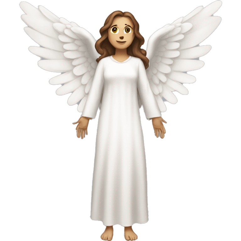 Full length white woman with brown hair dressed as an angel with wings and  emoji