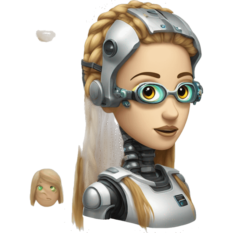 female cyborg head, fair skin, Brown long hair with blonde steaks, space age goggles and circuits emoji