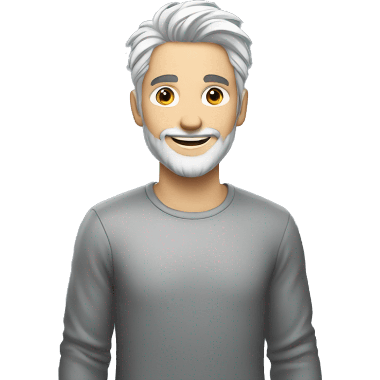 Tall young man with silver hair and silver beard smiling and waving emoji