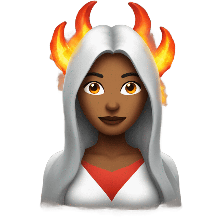 A woman with a halo and devil horns with fire behind them emoji