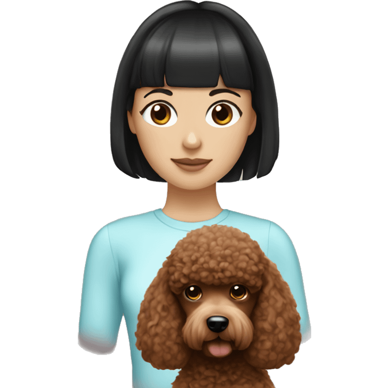 white girl with black hair and bangs holding a brown poodle emoji