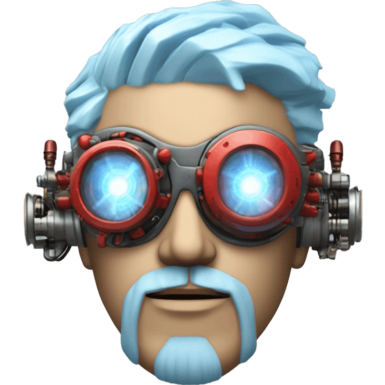  Short light blue haired male cyborg head with light blue beard, red steampunk goggles and circuits emoji