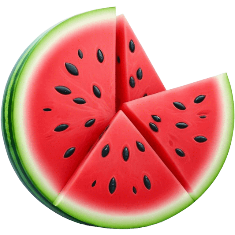 Cinematic juicy watermelon, thick slices revealing vibrant red interior, glossy and glistening with tiny black seeds, fresh and refreshing, soft glowing background, summer vibes. emoji