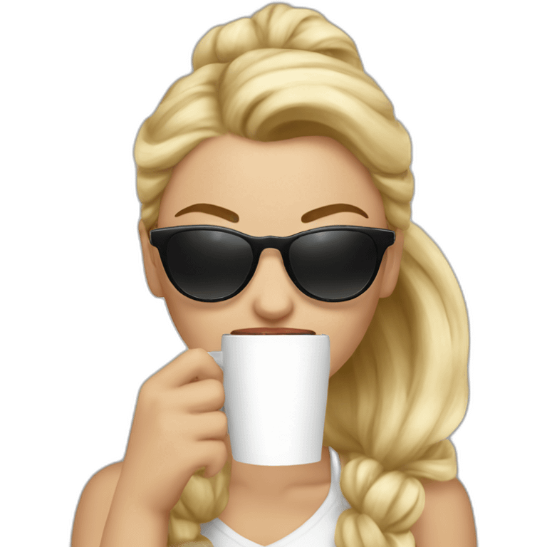 Beautifuil blonde woman with ponytail and sunglasses drinking coffe emoji