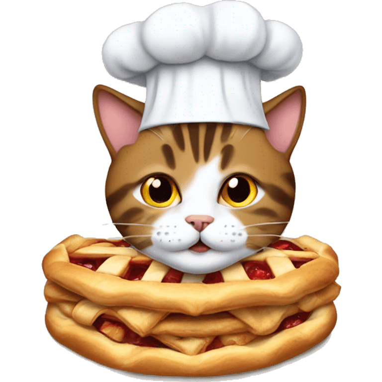 brown tabby cat with white paws wearing an apple pie on his head emoji