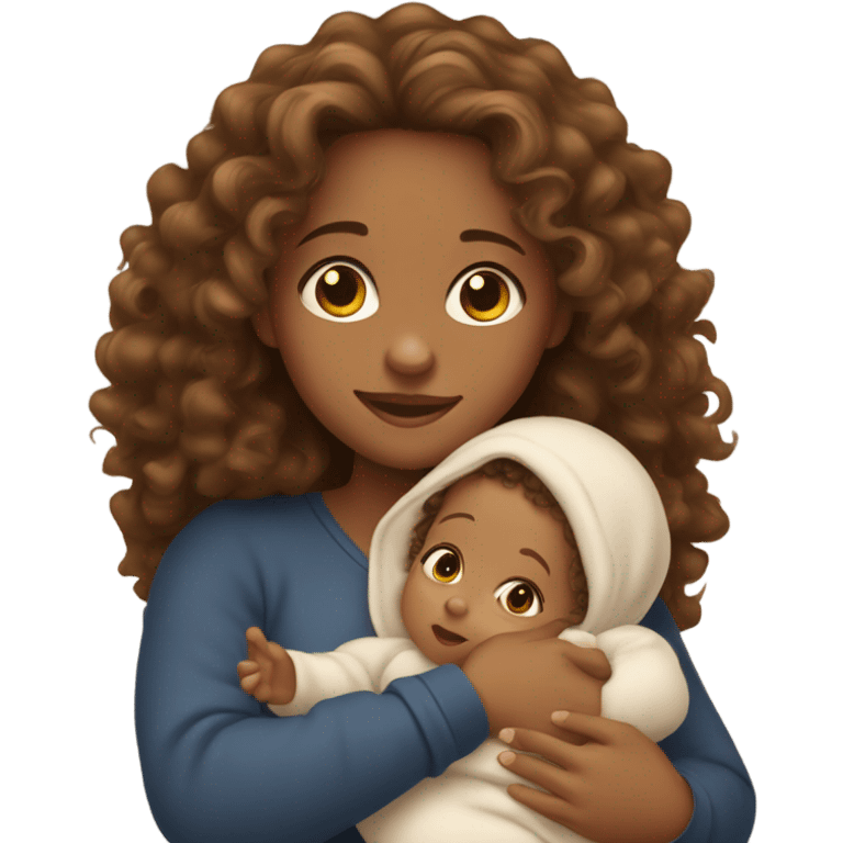 Tan girl with long curly hair and hazel eyes holding newborn baby boy in arms  emoji