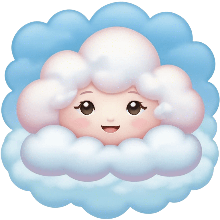 Cinematic tiny snuggly cloud, soft fluffy texture, gentle glowing edges, cute blushing cheeks, floating peacefully in a pastel sky, warm and dreamy. emoji