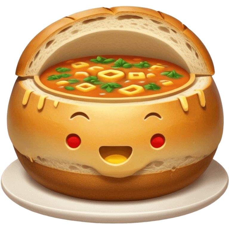 Żurek Cinematic Realistic Żurek Soup Dish Emoji, depicted as a tangy rye soup served inside a hollowed-out round loaf of bread, rendered with rich textures and dynamic, comforting lighting. emoji