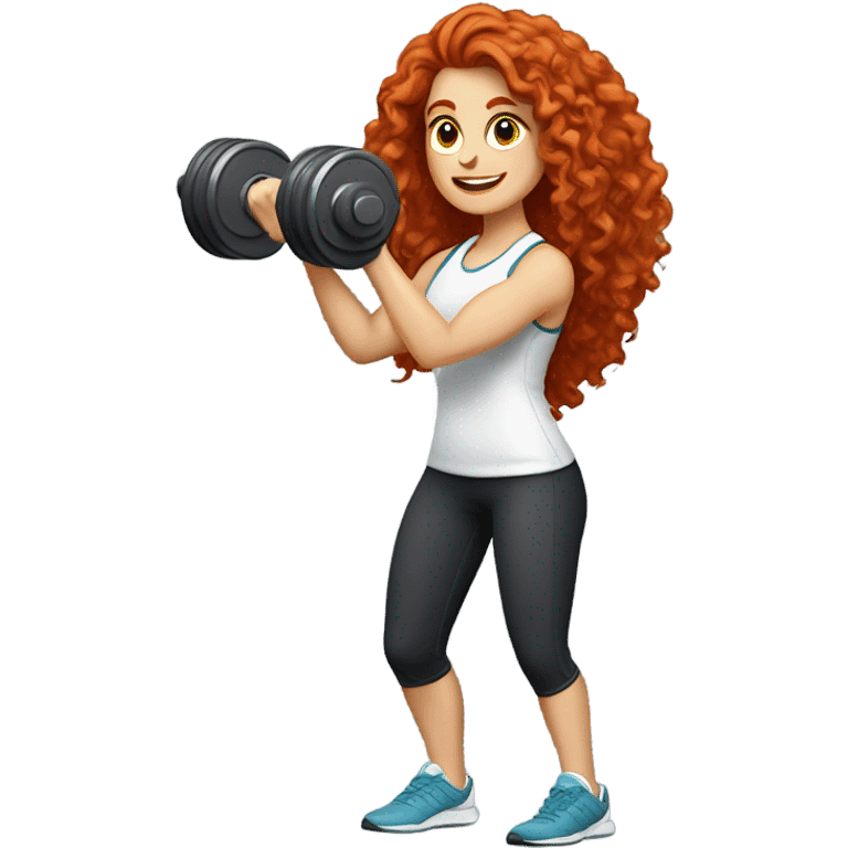 Sporty white Girl coach with long curly red hair doing leg exercice with heavy weights emoji