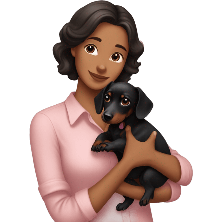 a brunette woman in a light pink shirt, with light skin, holding black dachshund puppy in her arms lovingly emoji