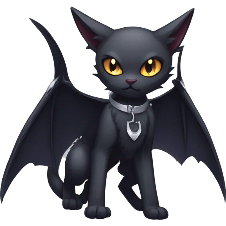   cool edgy beautiful anime-style ethereal dark-punk-themed animal vampiric cat-hybrid Fakemon with fangs and bat-wing-ears with a collar full body emoji