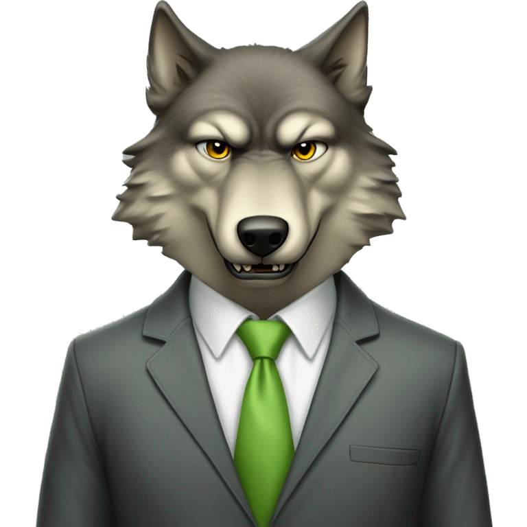 Portrait of Big Bad Angry Wolf with a human-like face wears a sleek jacket and tie like a salesman with a light green tie emoji