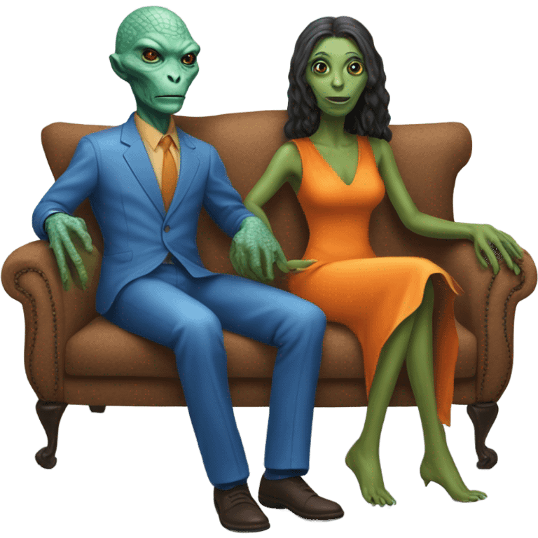 alien reptilian woman in orange dress and humman man in blue, sitting on a couch  emoji