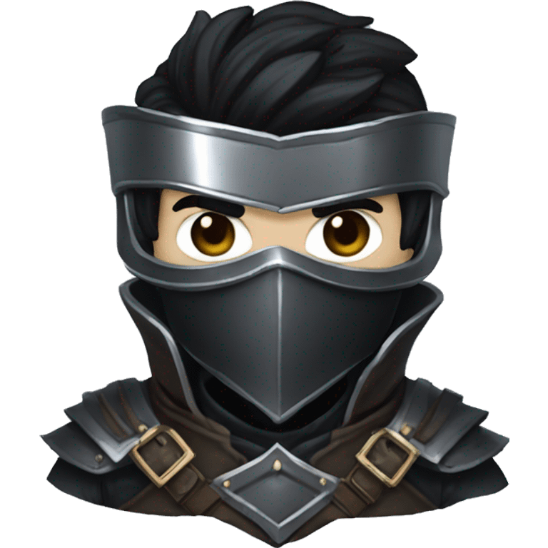 Bloodborne , Hunter armour , brown eyes , black hair , black mustache , wearing a silver mask , black armour  emoji