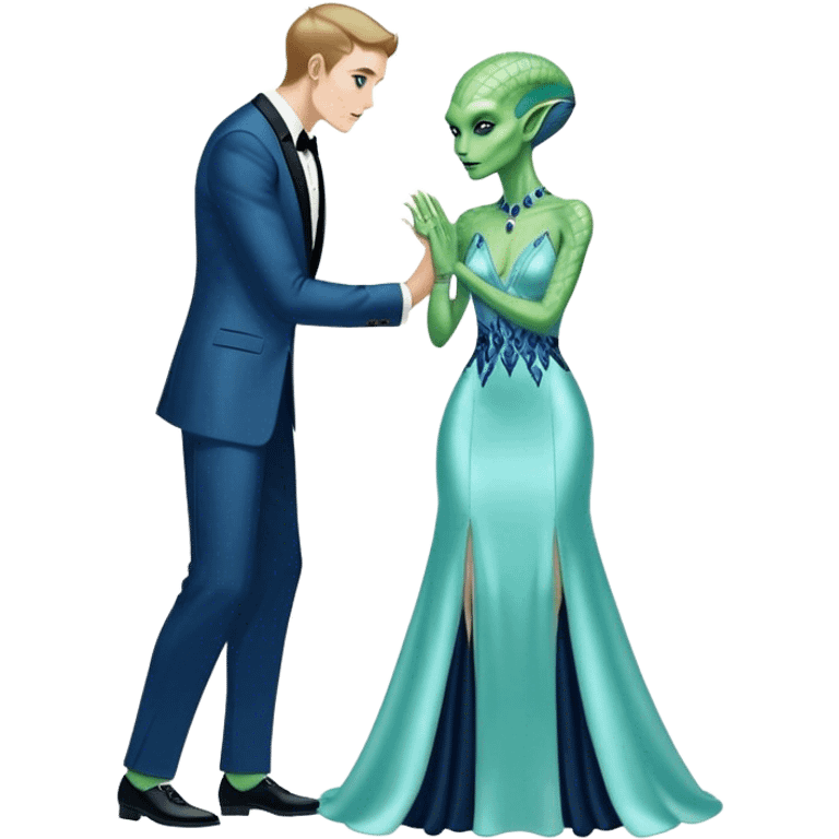 alien reptilian green skin woman, in long slim pastel blue formal party satin dress with gradient shiny sparkling navy blue diamonds embroidered , and caucasian man in black dres on his knees asks her to marry her emoji